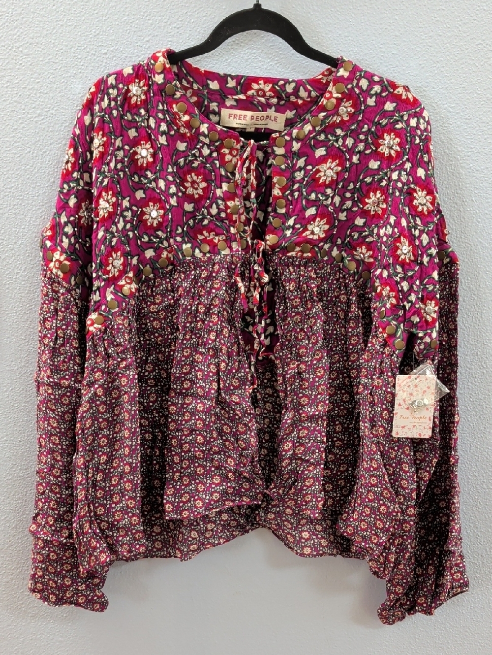 Free People Malia Babydoll Floral Magenta Mixed-Print Peasant Tunic